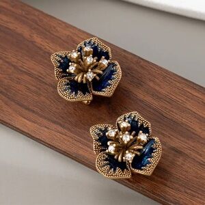 Gold & Blue Floral Beaded Statement Earrings NWT